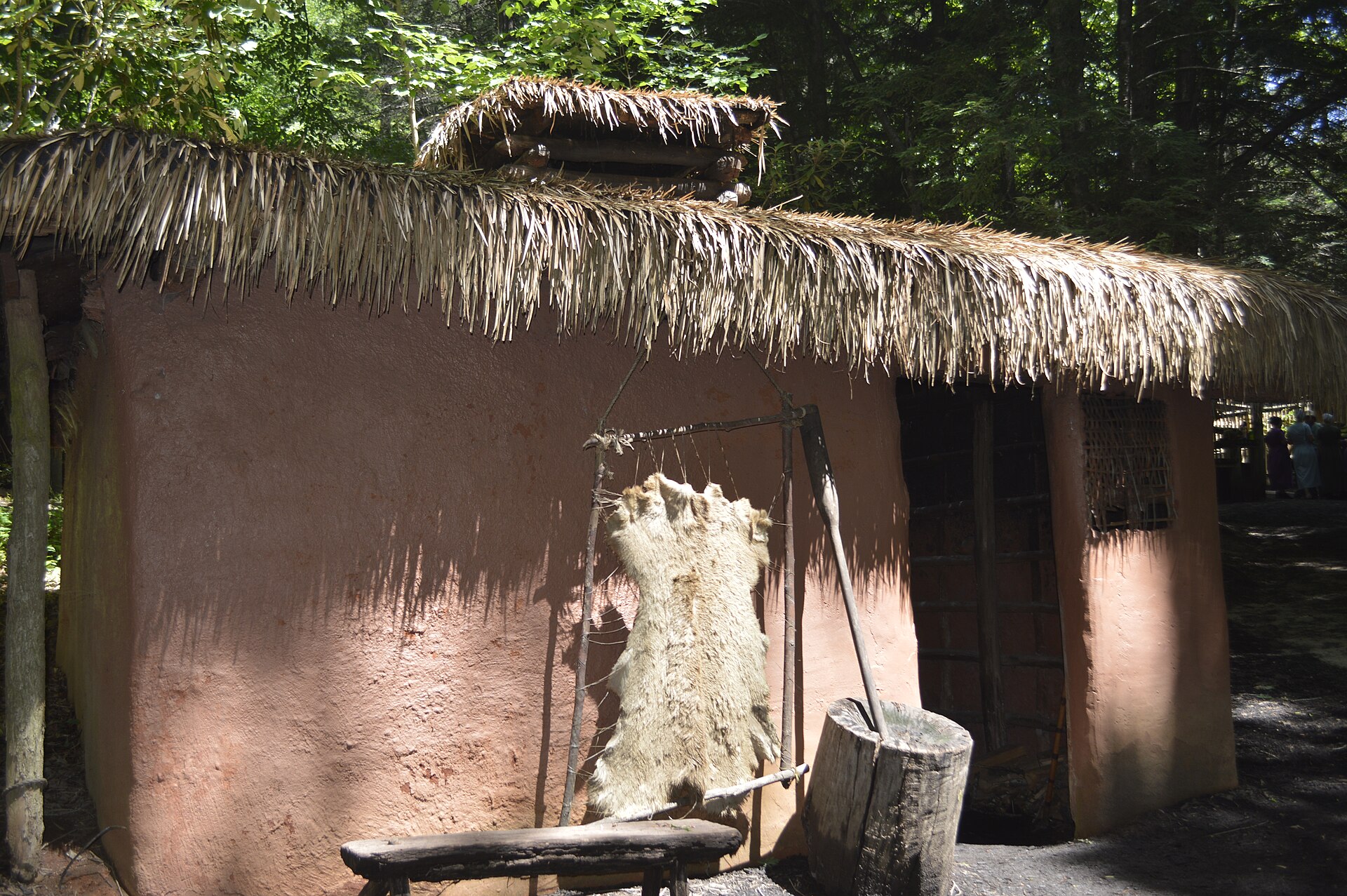 Reconstructed traditional buildings at Oconaluftee Indian Village in Cherokee, North Carolina