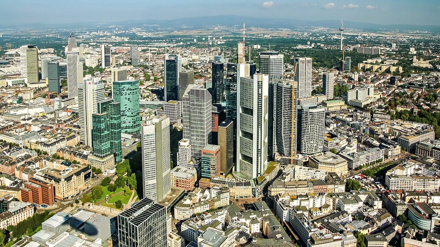 Frankfurt’s financial district and skyline beside the River Main