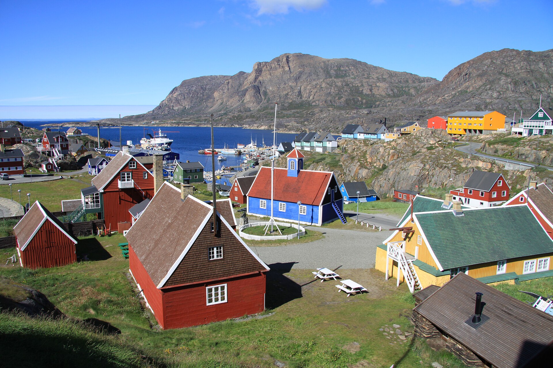 Painted houses and the old church in Sisimiut, Greenland