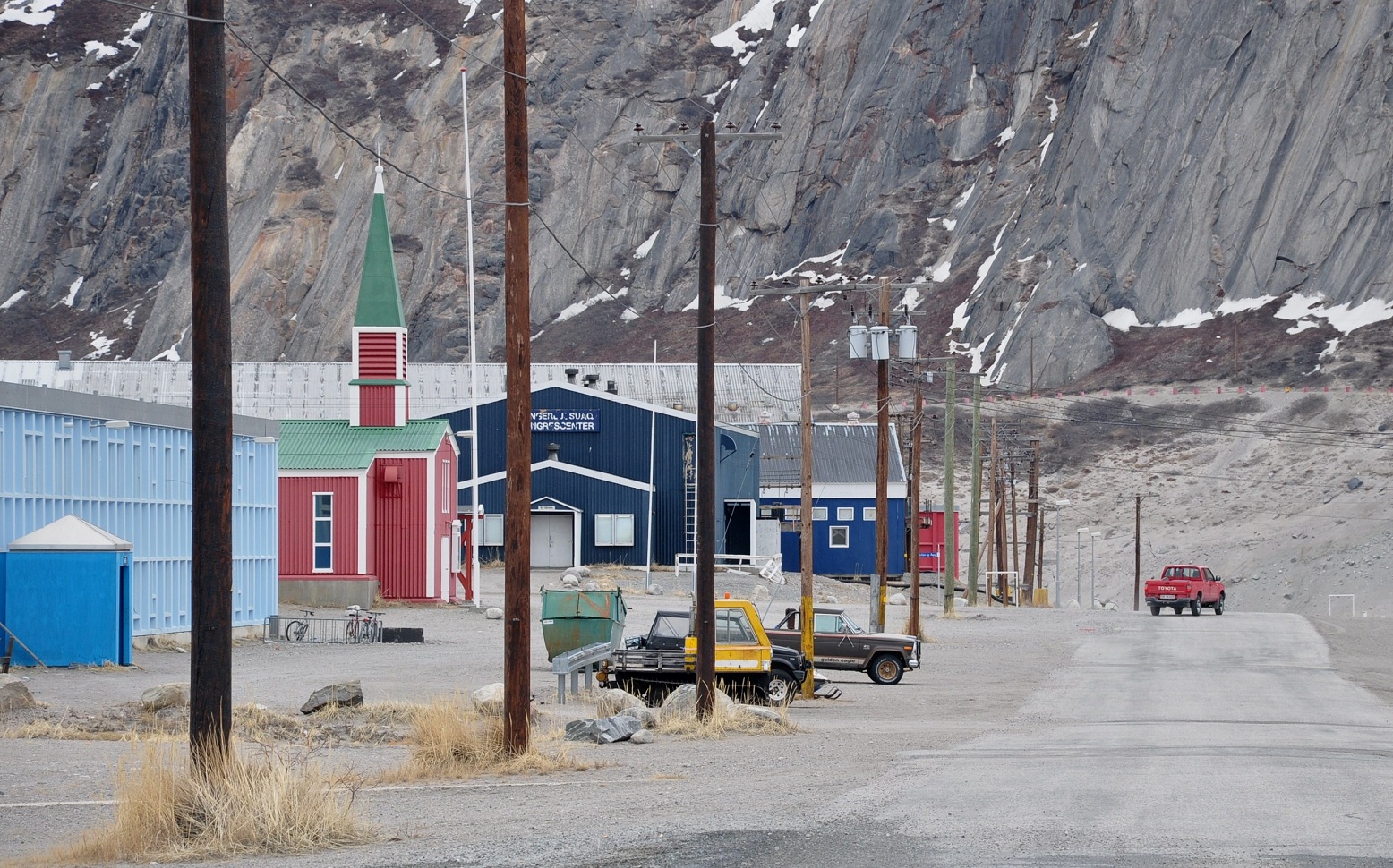 Buildings along Myers Avenue in Kangerlussuaq, Greenland