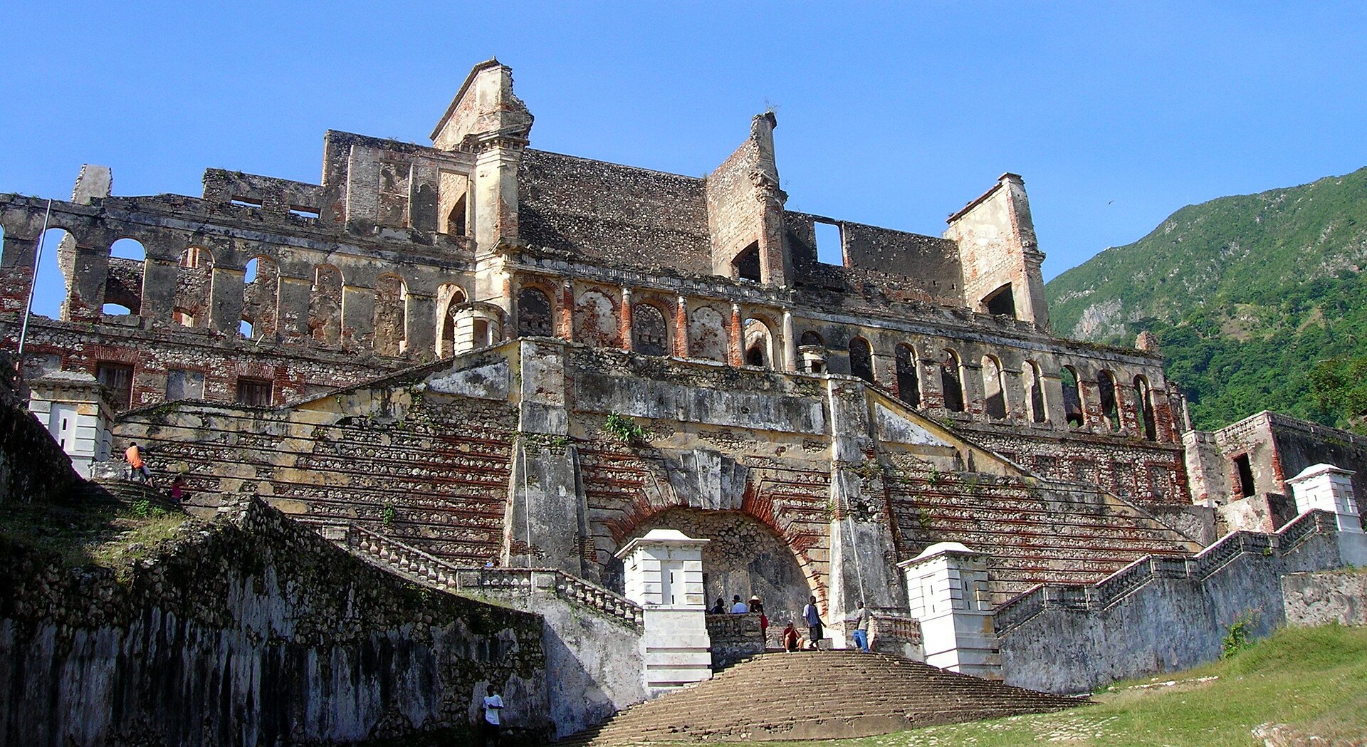 The ruined facade and stairways of Sans-Souci Palace in Milot, Haiti