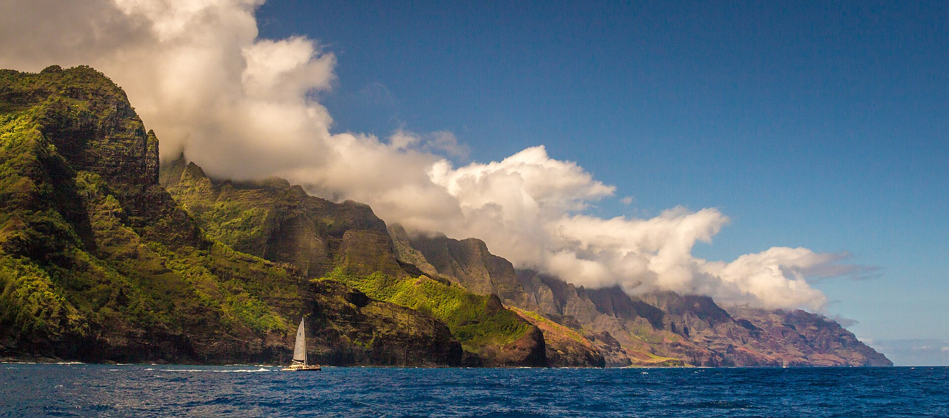 The steep green cliffs of the Nā Pali coast on Kauaʻi, Hawaii