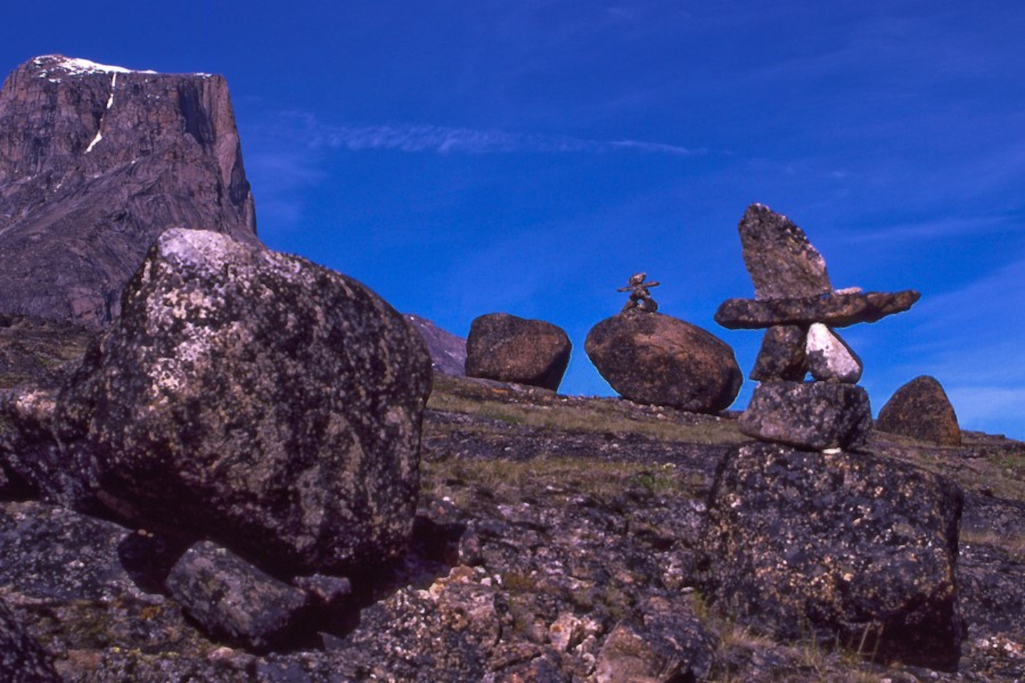 Stone inuksuit along the Akshayuk Pass trail in Auyuittuq National Park, Nunavut