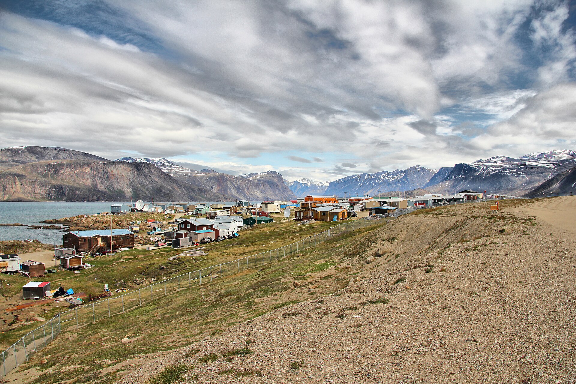 Pangnirtung and the mountains behind the town on Baffin Island, Nunavut