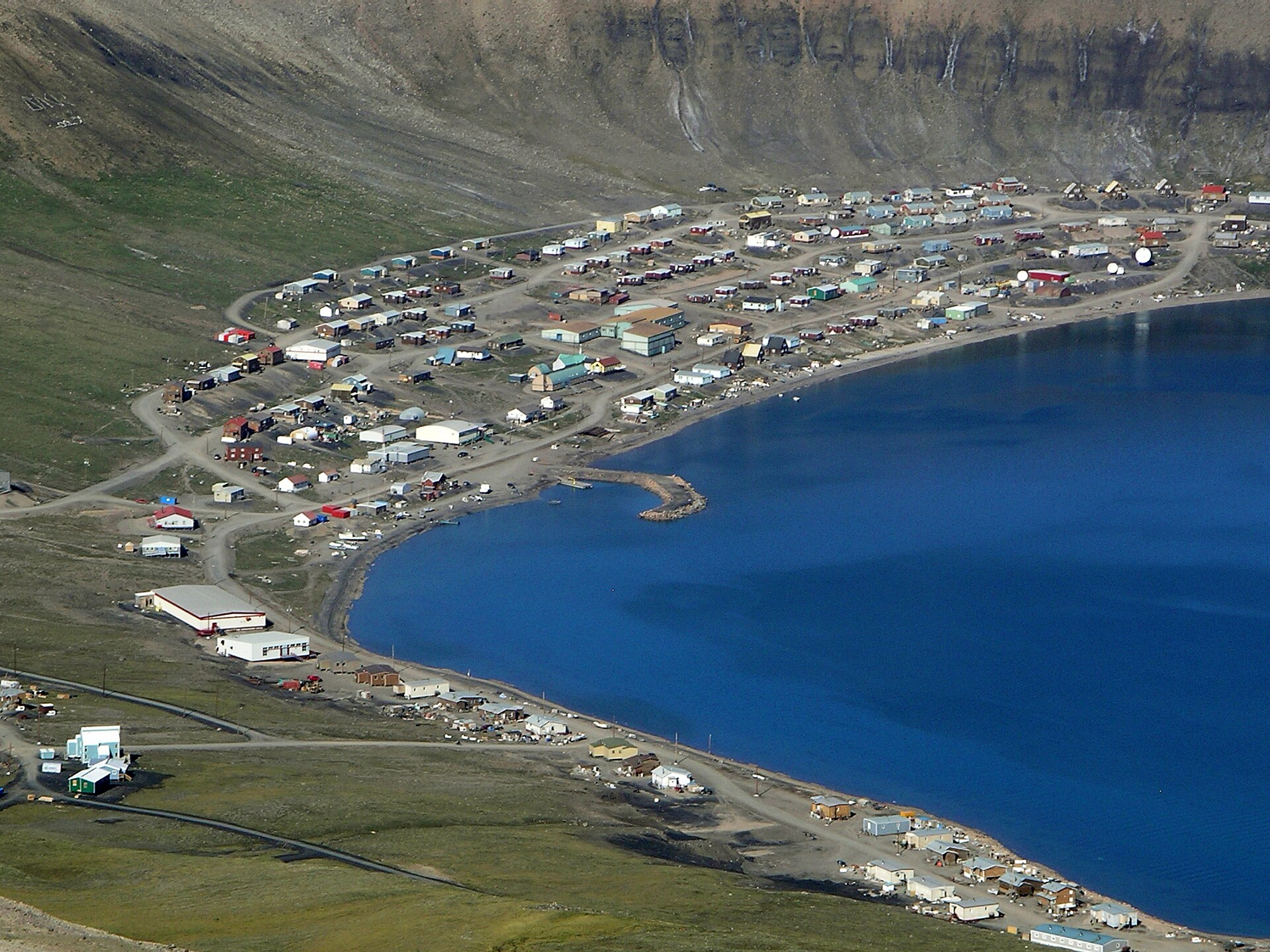 The coastal community of Arctic Bay in Nunavut seen from the air