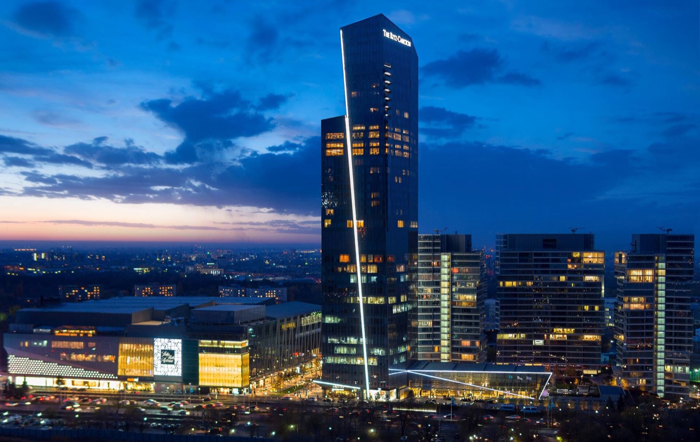 Esentai Tower and the surrounding district in Almaty, Kazakhstan