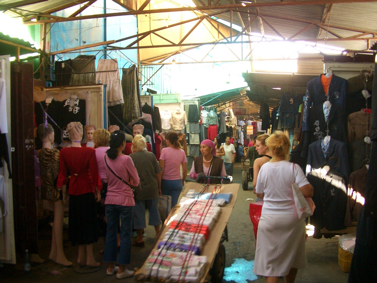 Clothing stalls at Dordoy Bazaar in Bishkek, Kyrgyzstan