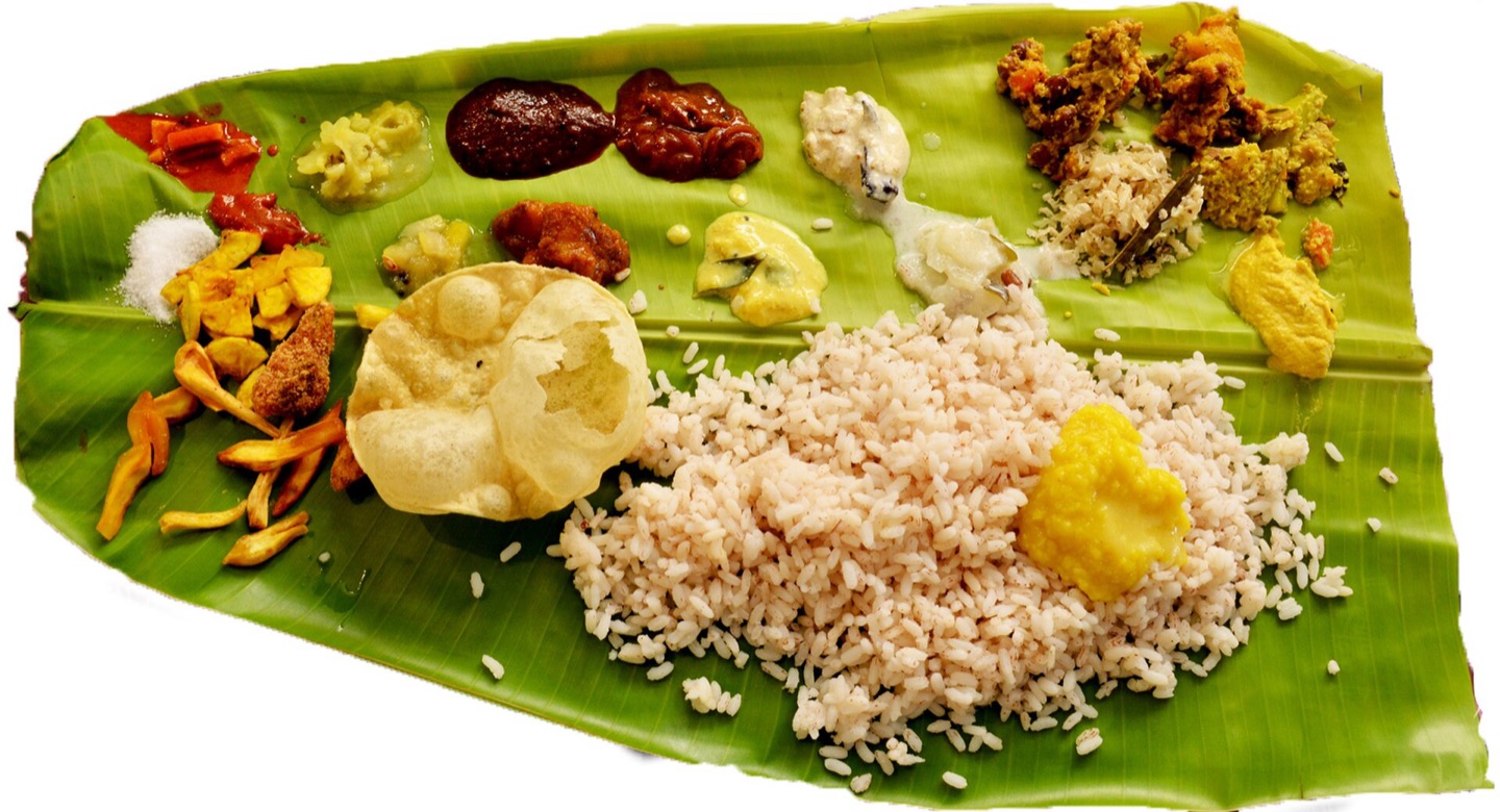 An Onam sadya meal served on a banana leaf in Kerala, India
