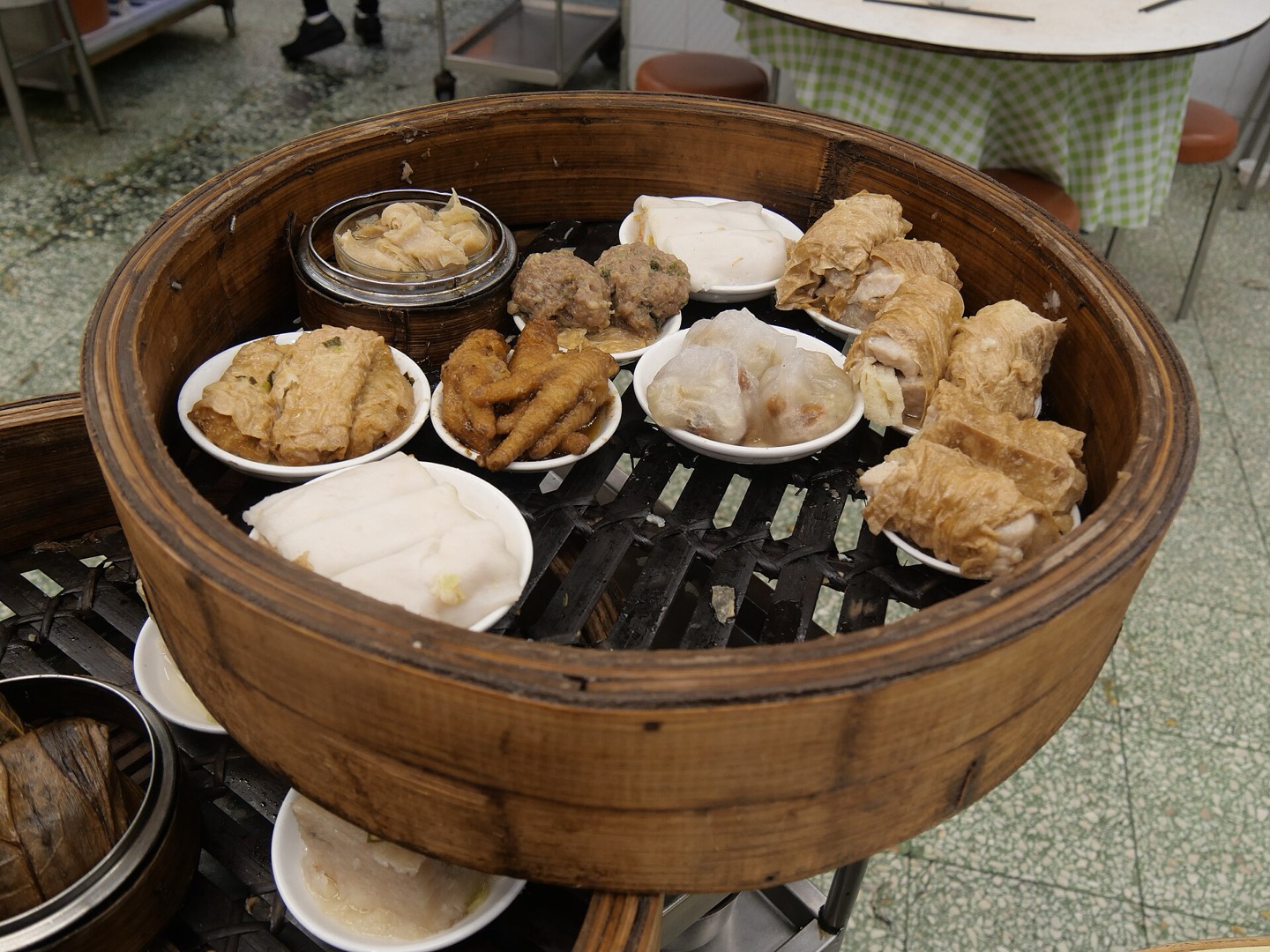 A Cantonese dim sum spread laid out at a tea house