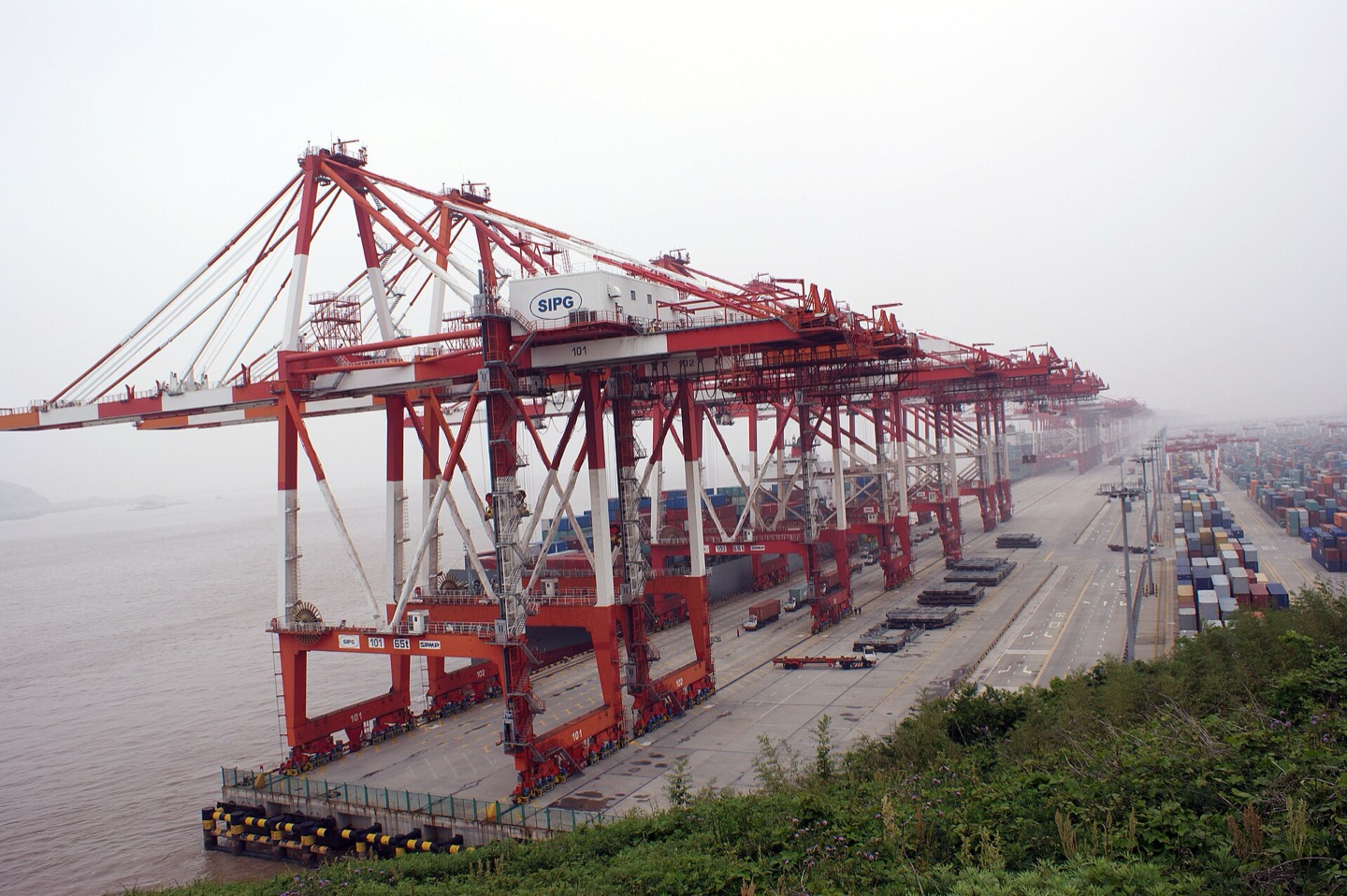 Stacked containers at Yangshan, the deep-water port serving Shanghai