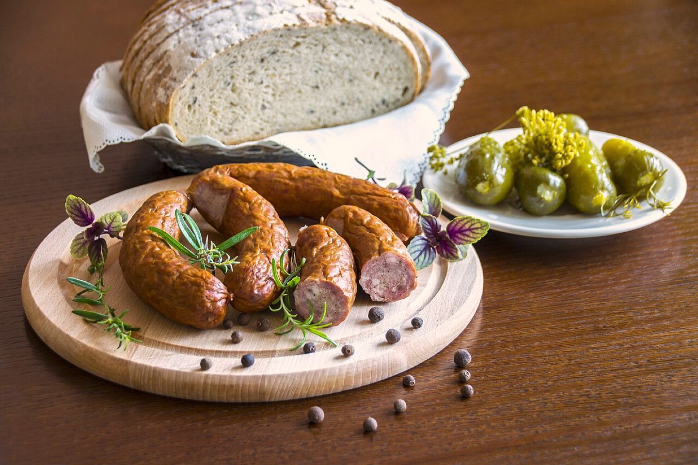 Polish sausages, pickles and rye bread