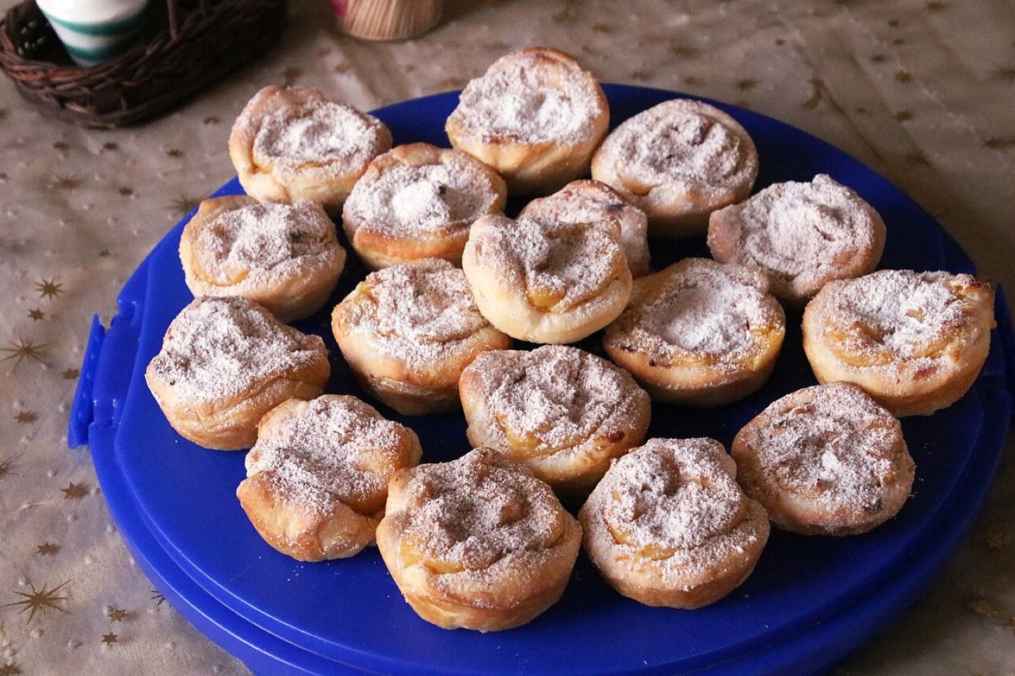 A tray of pastéis de nata, custard tarts with blistered tops