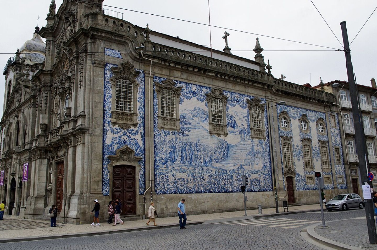 Blue and white azulejo tile panels on the side of the Igreja do Carmo in Porto