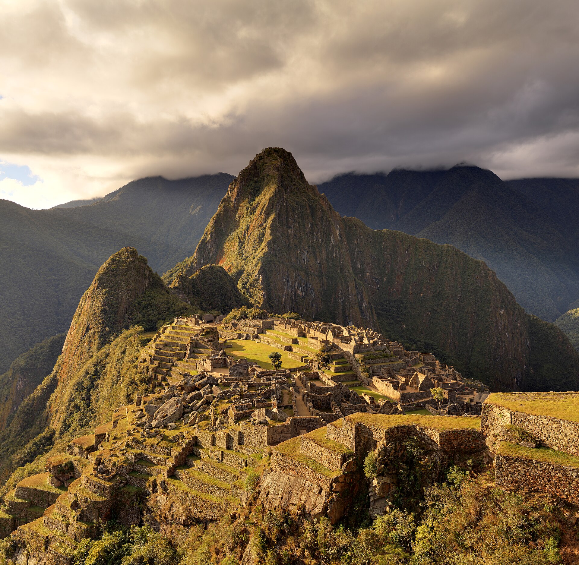 The Inca terraces and buildings of Machu Picchu above the Urubamba valley in Peru