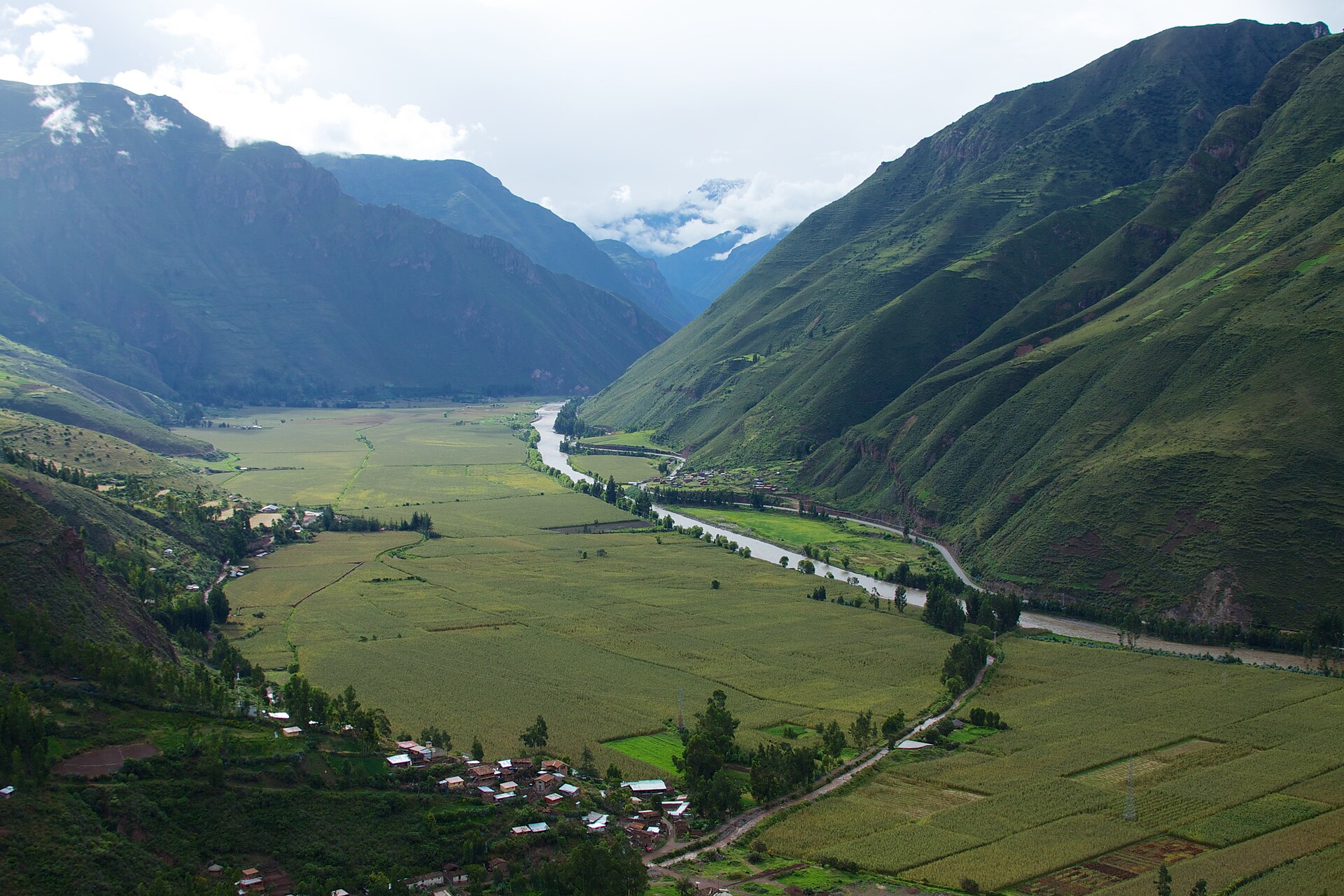 Fields and mountains in the Sacred Valley near Pisac, Peru