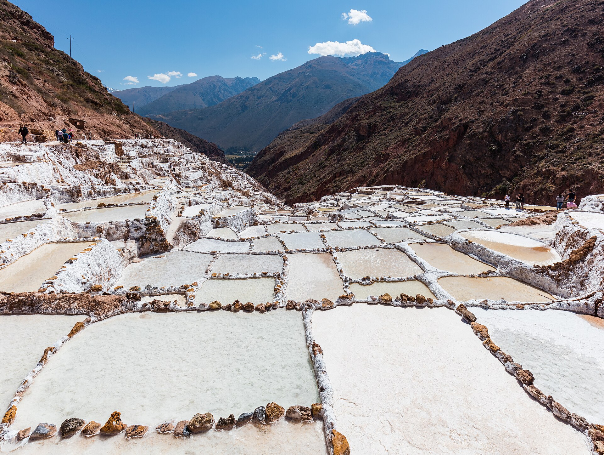 Salt evaporation ponds covering the hillside at Maras, Peru