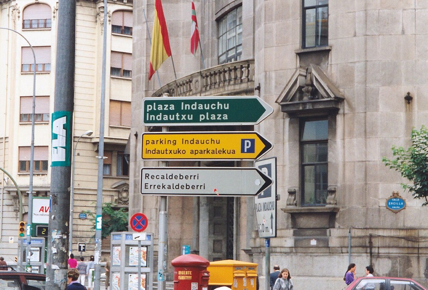 Street signs in Bilbao giving every direction twice, in Spanish and in Basque