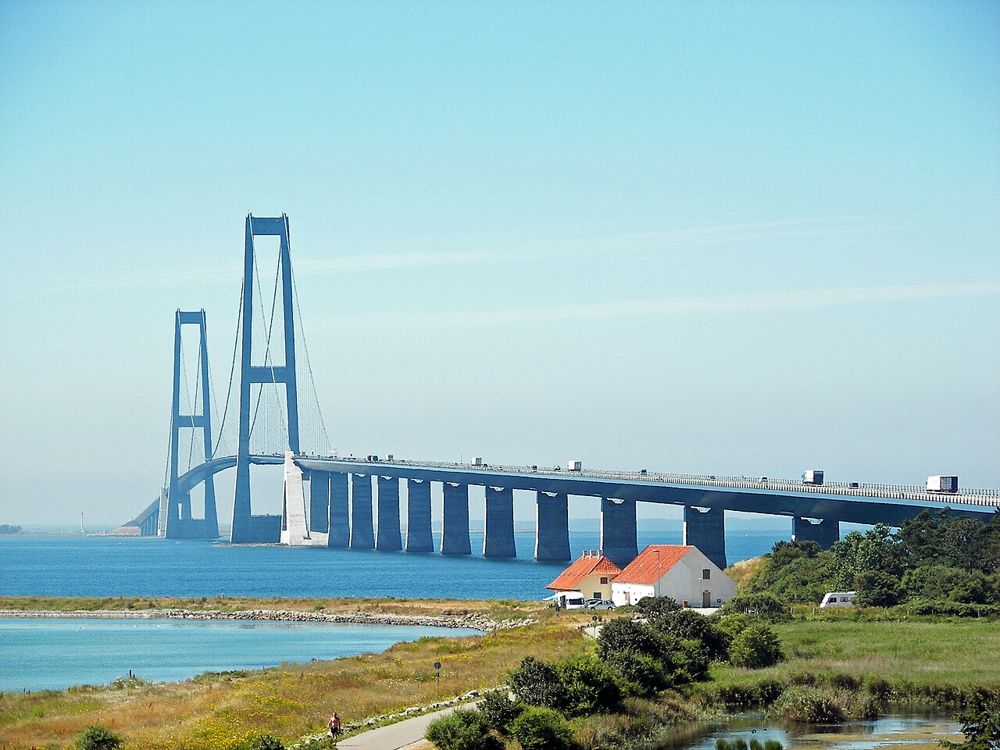 The towers and deck of the Great Belt East Bridge seen from the Zealand shore
