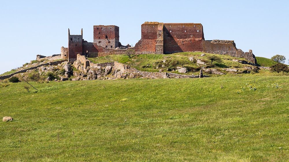 The red brick ruins of Hammershus castle on a grassy rock above the sea