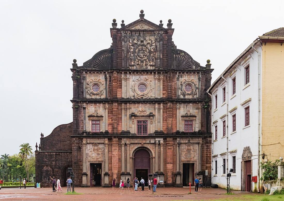The carved laterite front of the Basilica of Bom Jesus in Old Goa