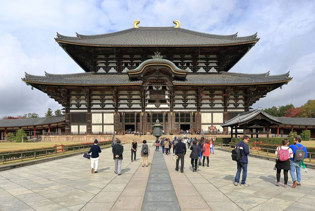 The vast wooden Great Buddha Hall of Todai-ji with its golden roof ornaments