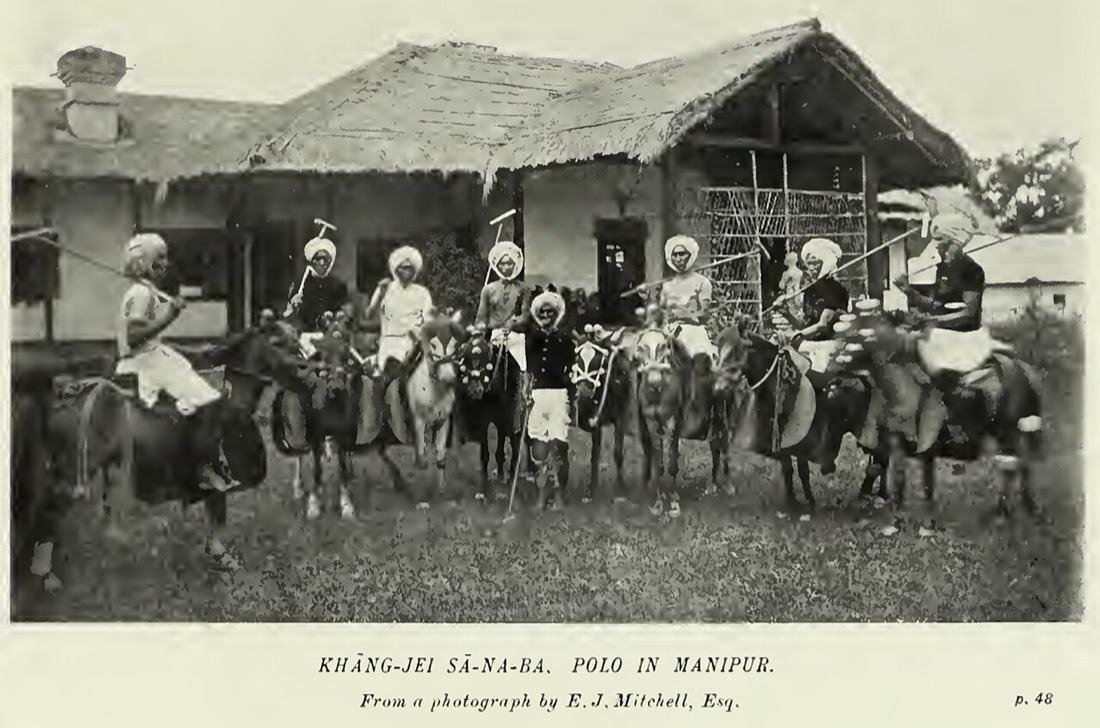 An old photograph of Manipuri polo players on their ponies in front of a thatched building