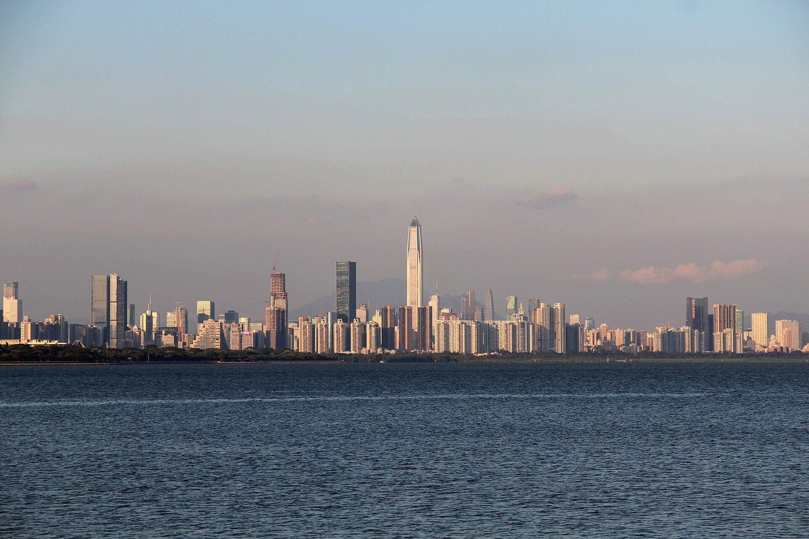 The towers of Futian and the Ping An Finance Centre at dusk