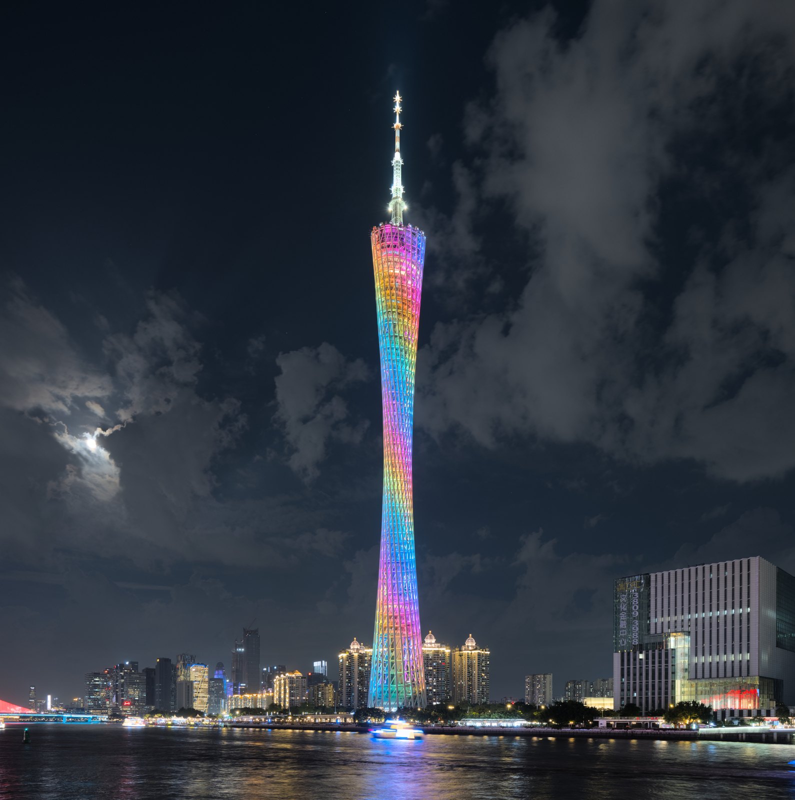 Canton Tower lit up above the Pearl River at night