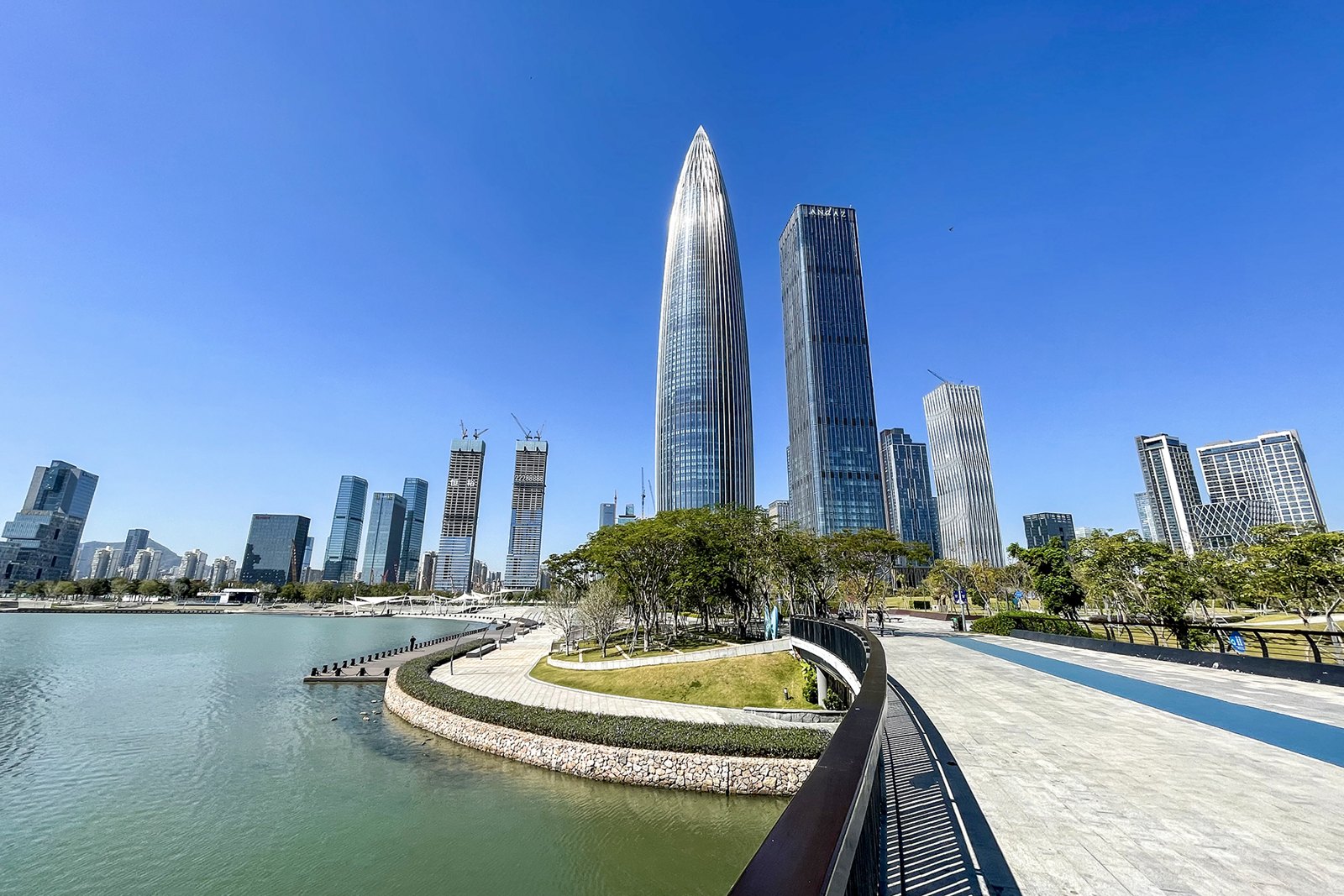 Shenzhen’s skyline rising behind the waterfront of Shenzhen Bay