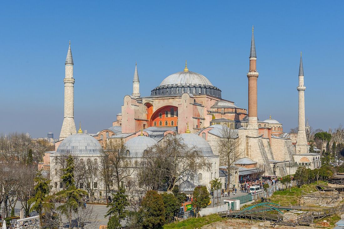 The great dome and four minarets of Hagia Sophia rising over the gardens of Sultanahmet