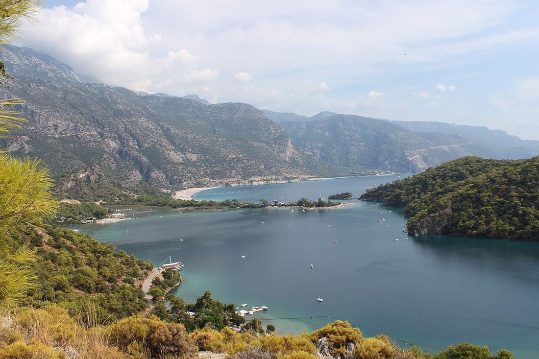 Pine-covered hills around the sheltered turquoise lagoon and long beach at Ölüdeniz