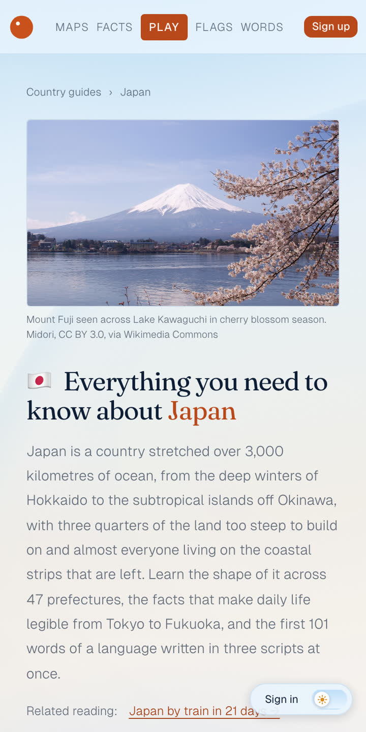 Japan’s country guide on Worldly, opening on a photo of Mount Fuji