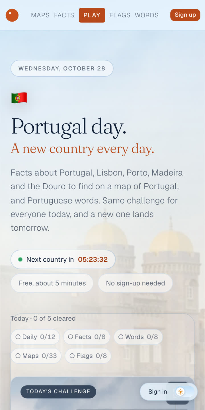 The daily game on Portugal day, with a countdown to the next country