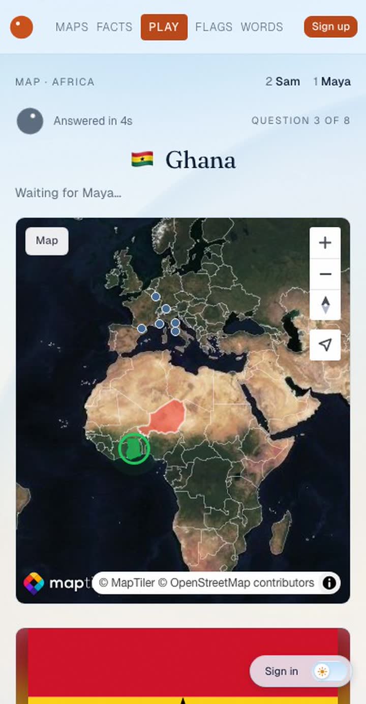 A live duel asking for Ghana, with Ghana found and Niger tapped in red