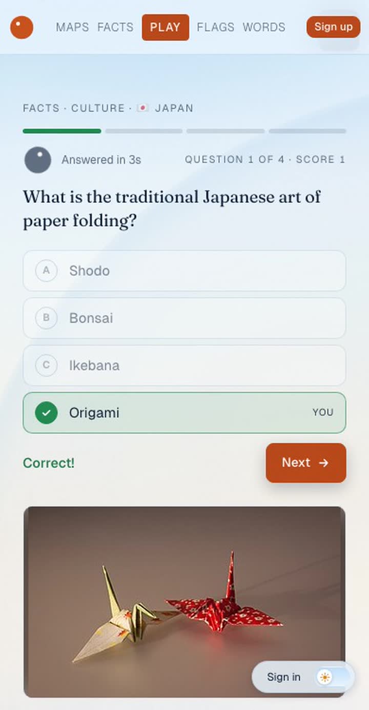 A culture question from Japan’s facts course answered Origami, with a photo of a paper crane