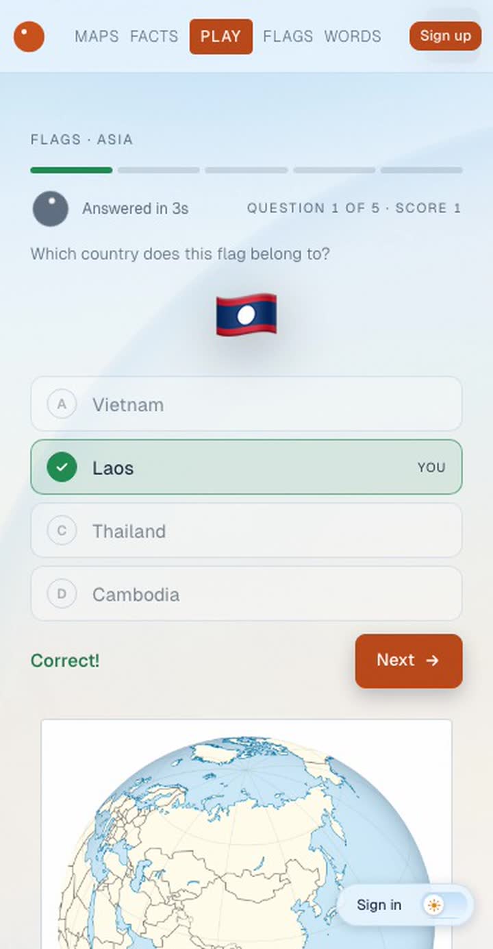 The flag quiz showing the flag of Laos, answered Laos