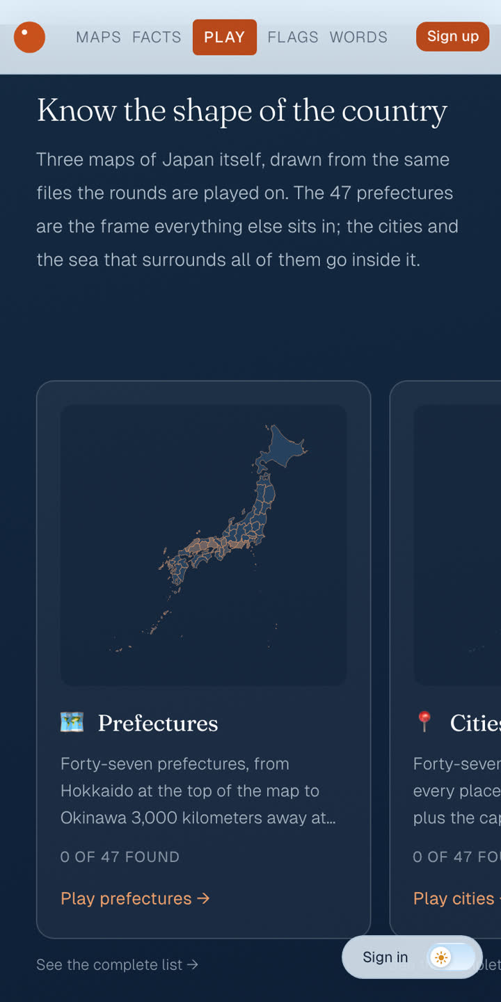 The prefectures map of Japan with a button to play it