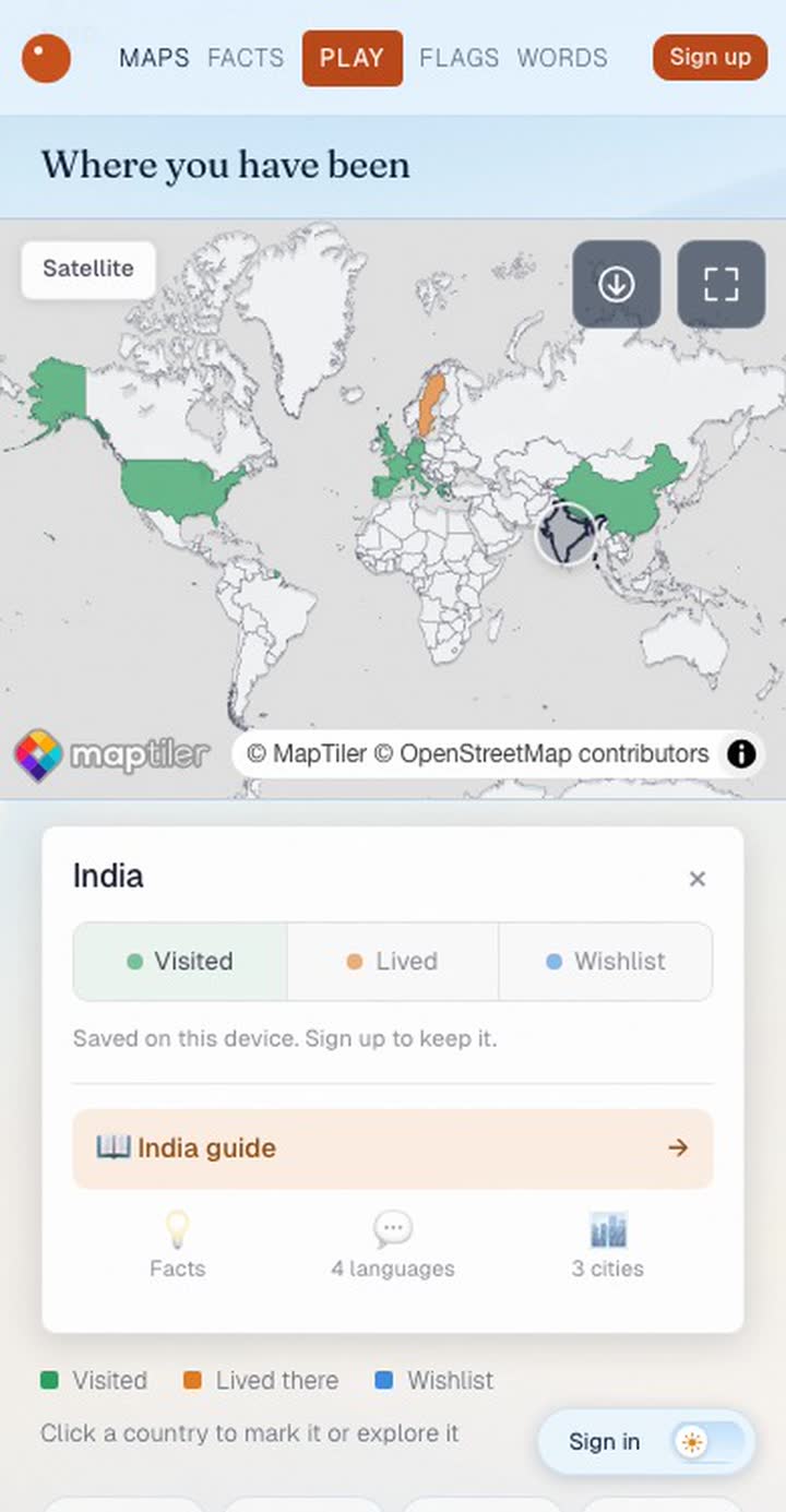 The travel map with countries across the world marked green
