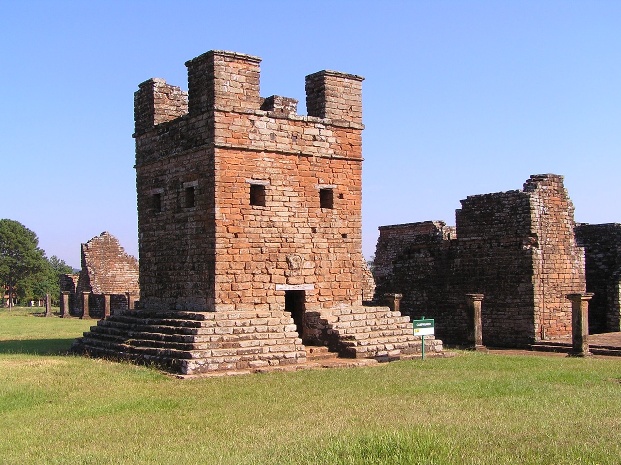 Stone church ruins at the Jesuit mission of La Santรญsima Trinidad de Paranรก in Paraguay